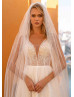 Plunging Neck Beaded Ivory Lace Tulle Slit Wedding Dress